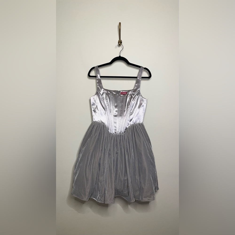 STAUD Landscape Silver Mini Dress Velvet Gray Tulle - Picture 6 of 9